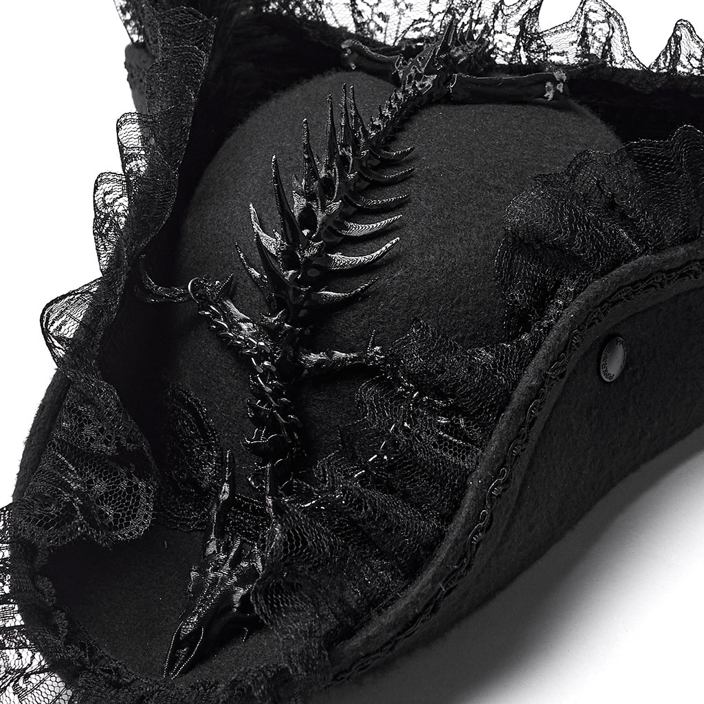 Punk Rave Goth Imprisoned Beast Bone Pirate Hat – Black Lace & Feather