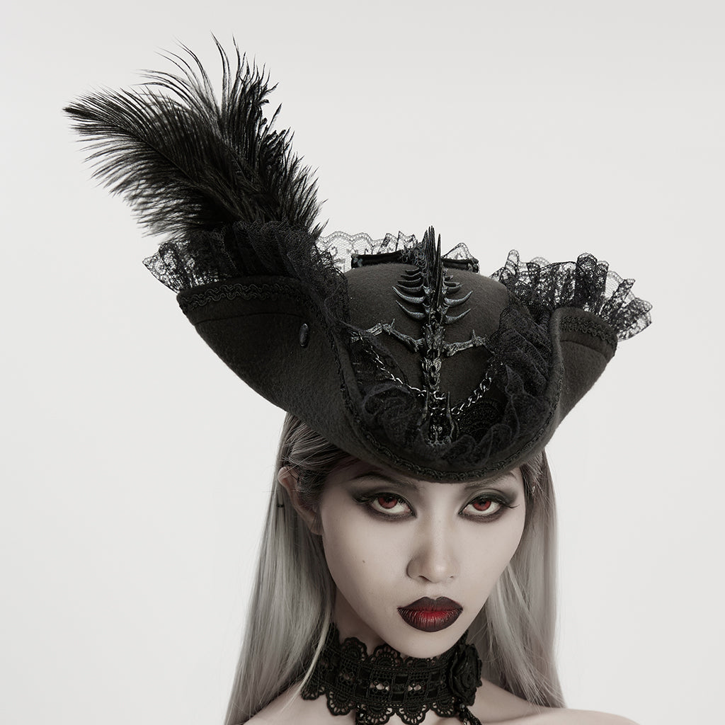Punk Rave Goth Imprisoned Beast Bone Pirate Hat – Black Lace & Feather