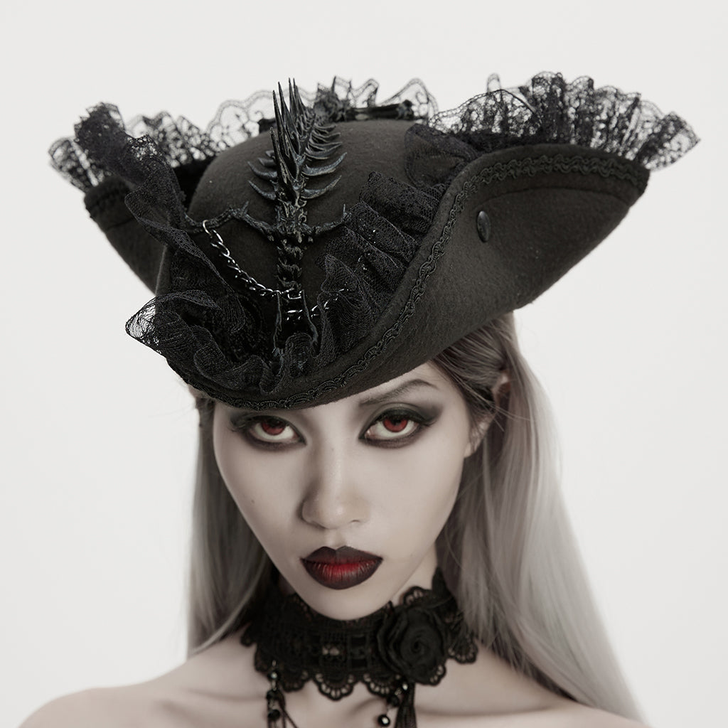 Punk Rave Goth Imprisoned Beast Bone Pirate Hat – Black Lace & Feather