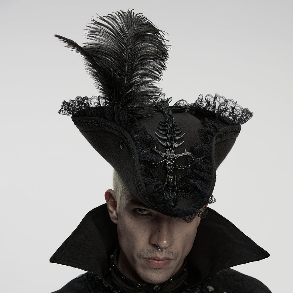 Punk Rave Goth Imprisoned Beast Bone Pirate Hat – Black Lace & Feather
