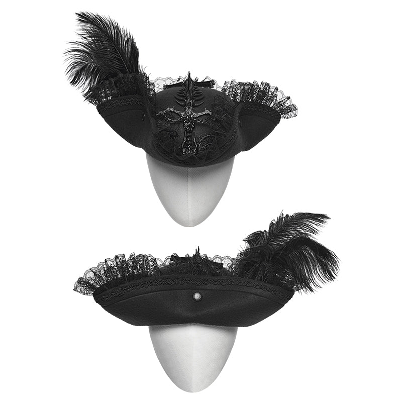 Punk Rave Goth Imprisoned Beast Bone Pirate Hat – Black Lace & Feather