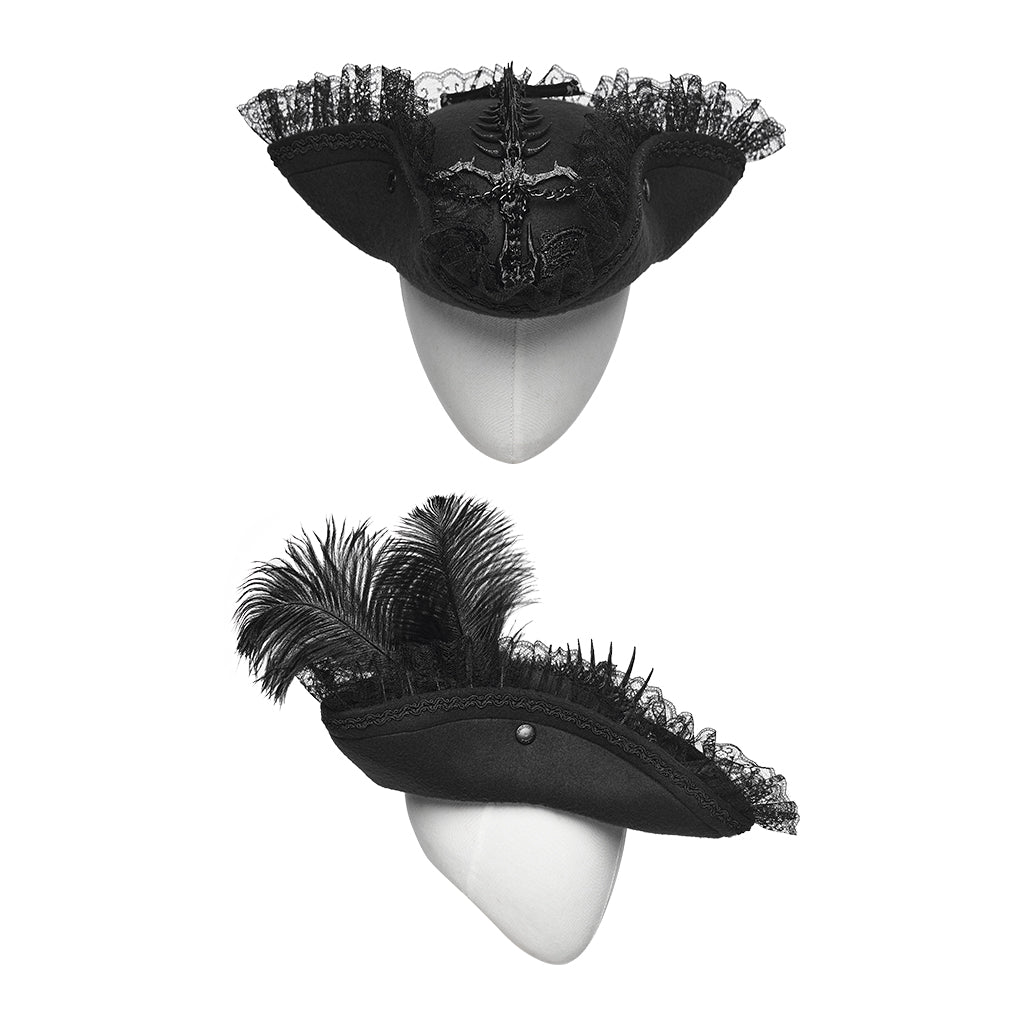 Punk Rave Goth Imprisoned Beast Bone Pirate Hat – Black Lace & Feather
