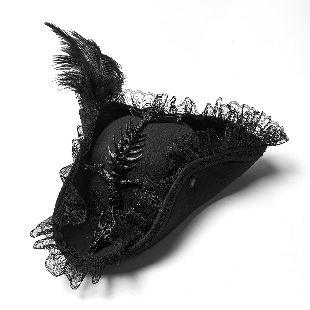 Punk Rave Goth Imprisoned Beast Bone Pirate Hat – Black Lace & Feather