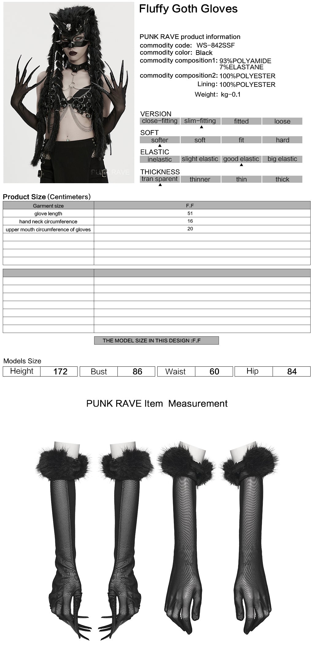 Punk Rave Fluffy Goth Gloves – Opera Length Mesh with Faux Fur Claws