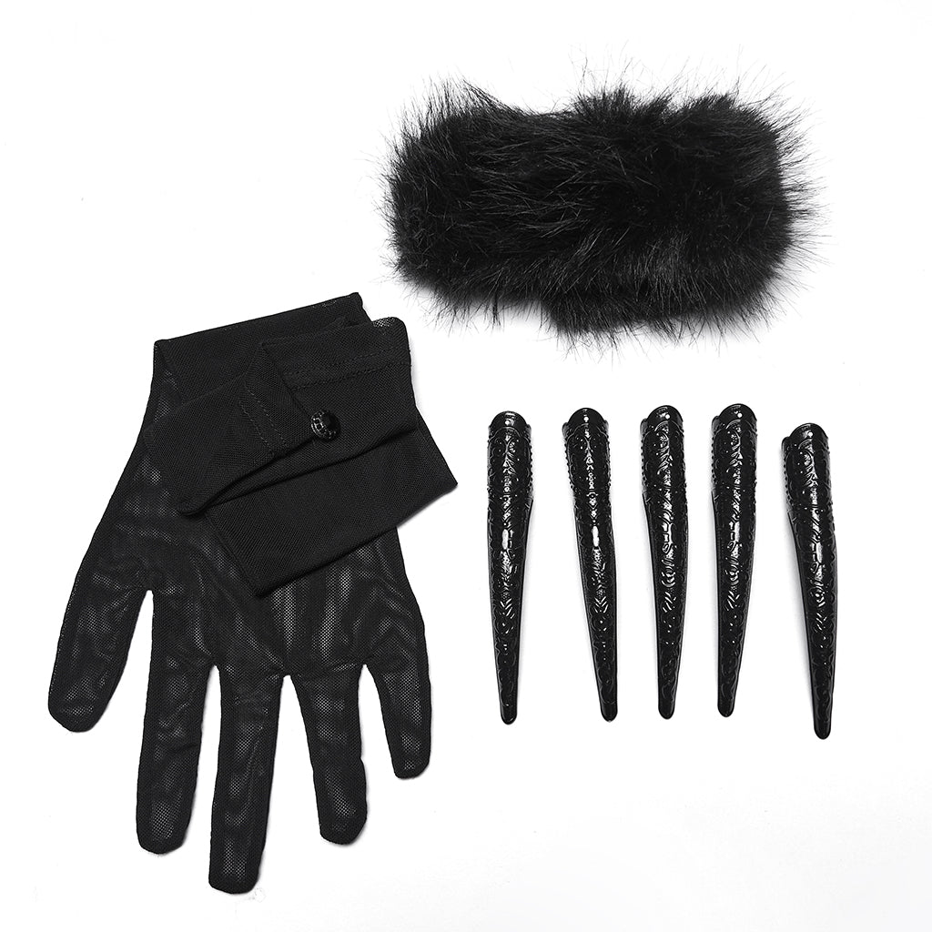Punk Rave Fluffy Goth Gloves – Opera Length Mesh with Faux Fur Claws