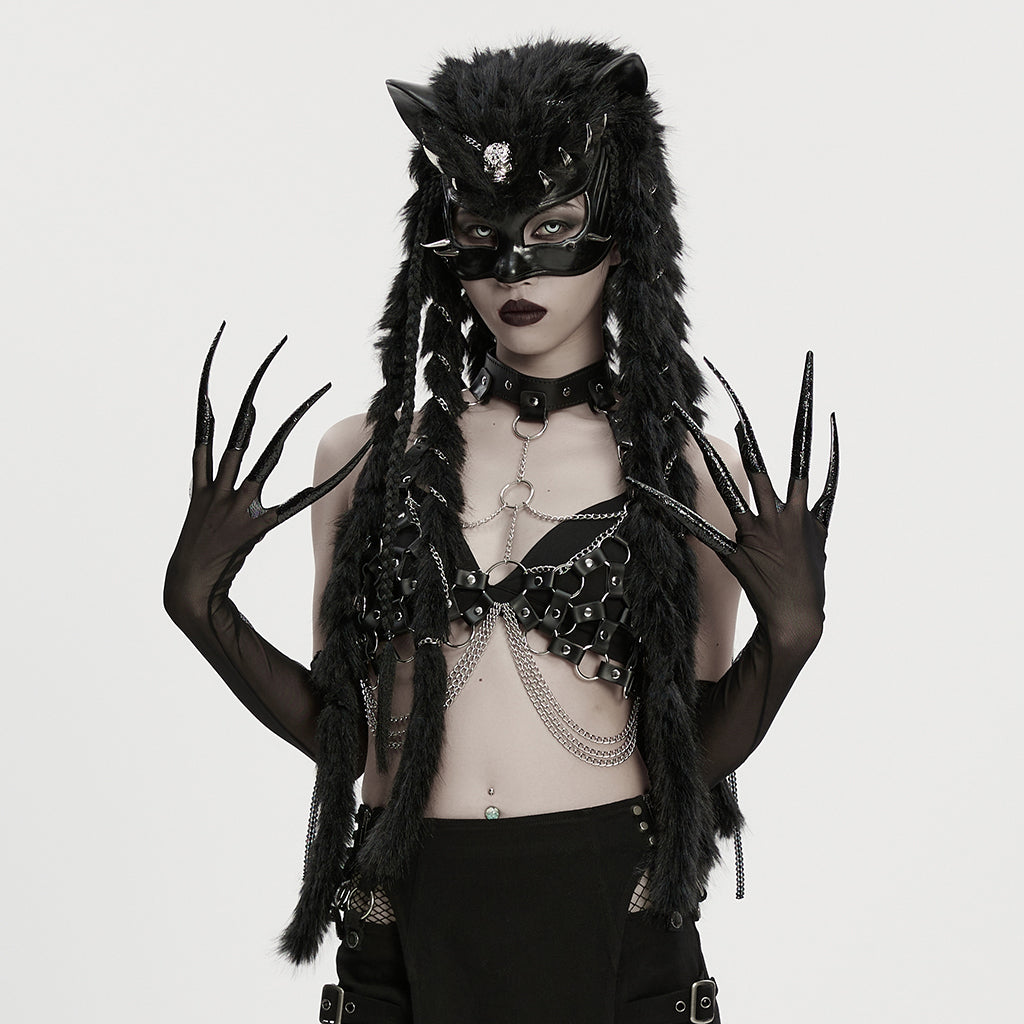Punk Rave Fluffy Goth Gloves – Opera Length Mesh with Faux Fur Claws