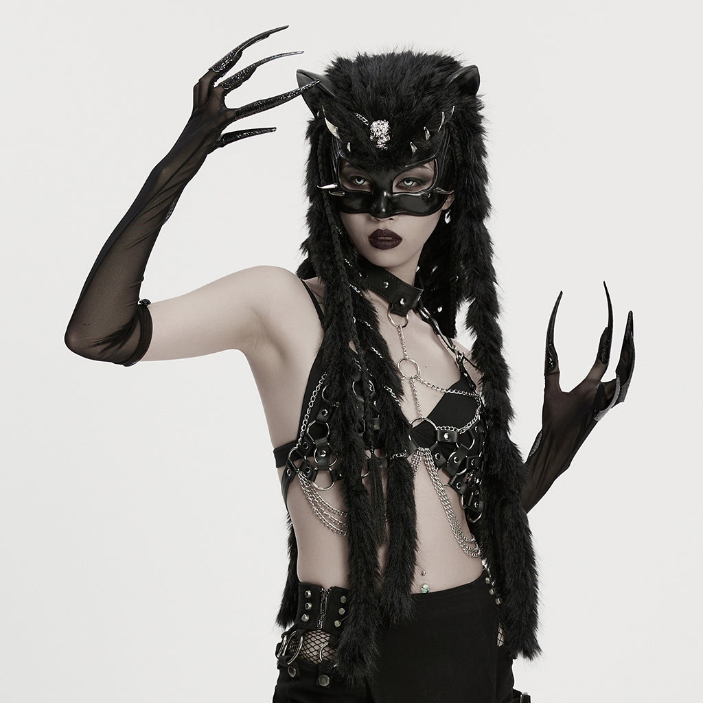 Punk Rave Fluffy Goth Gloves – Opera Length Mesh with Faux Fur Claws