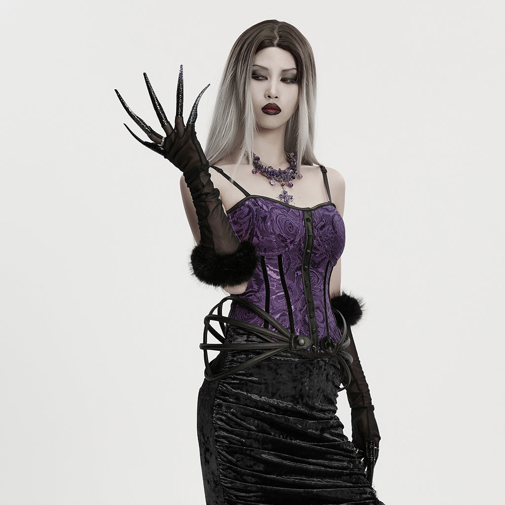 Punk Rave Fluffy Goth Gloves – Opera Length Mesh with Faux Fur Claws