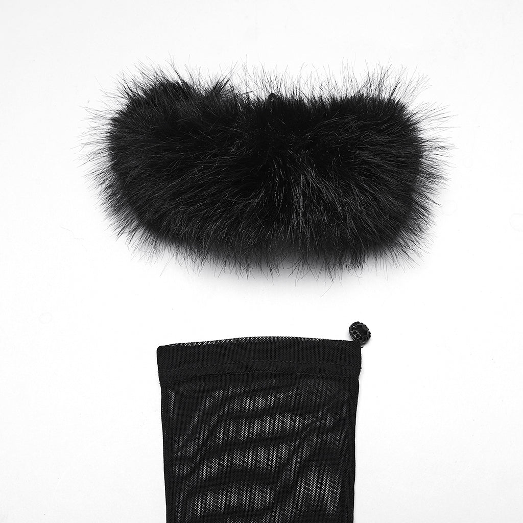 Punk Rave Fluffy Goth Gloves – Opera Length Mesh with Faux Fur Claws
