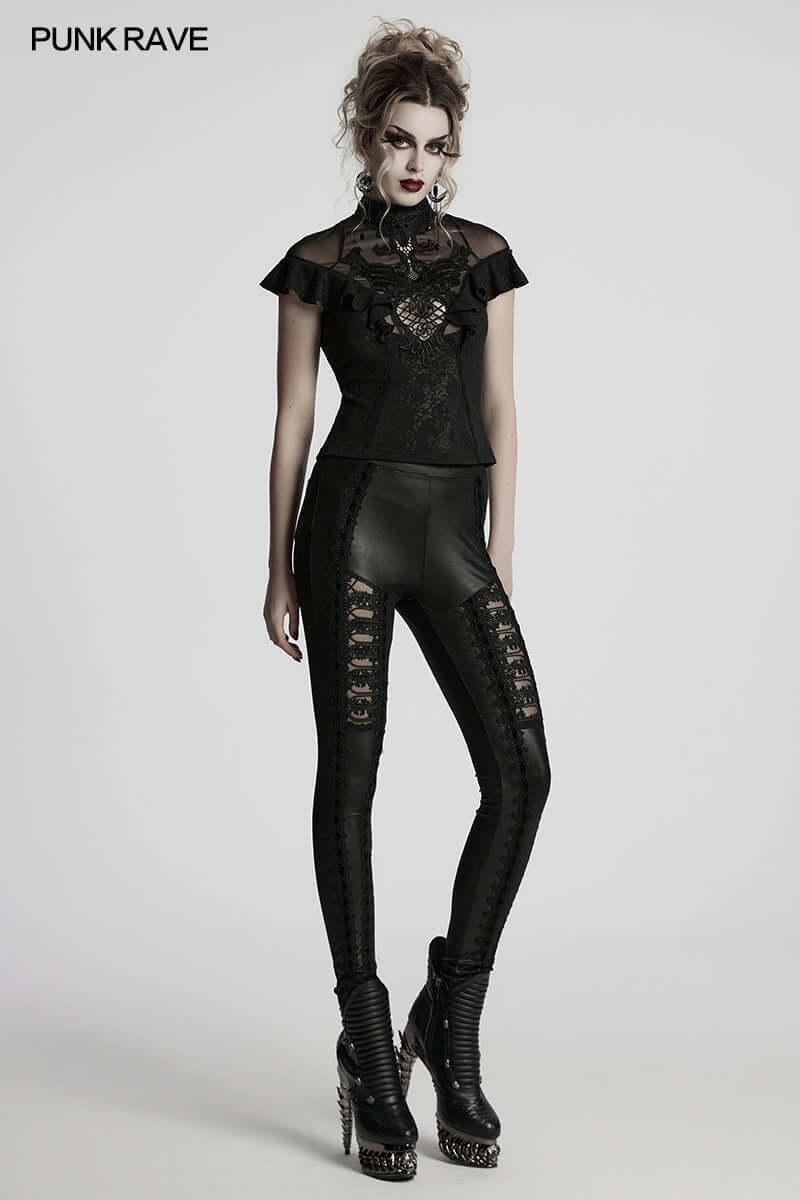 Punk Rave Gothic Applique Top | Kate's Clothing Lace Flutter Sleeve Shirt