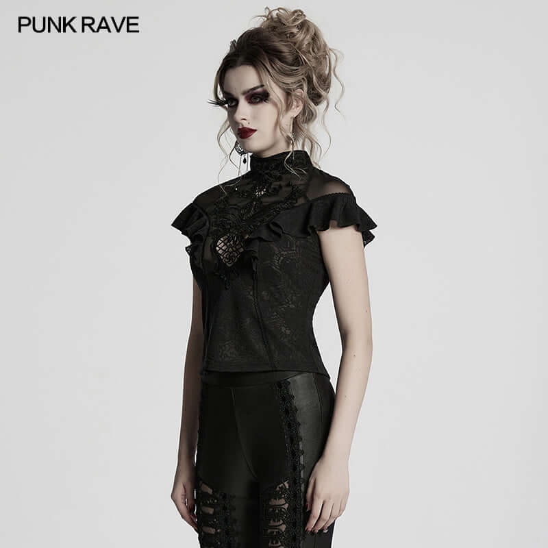Punk Rave Gothic Applique Top | Kate's Clothing Lace Flutter Sleeve Shirt