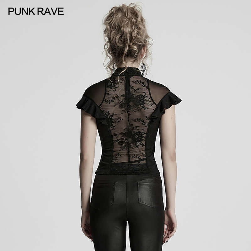 Punk Rave Gothic Applique Top | Kate's Clothing Lace Flutter Sleeve Shirt