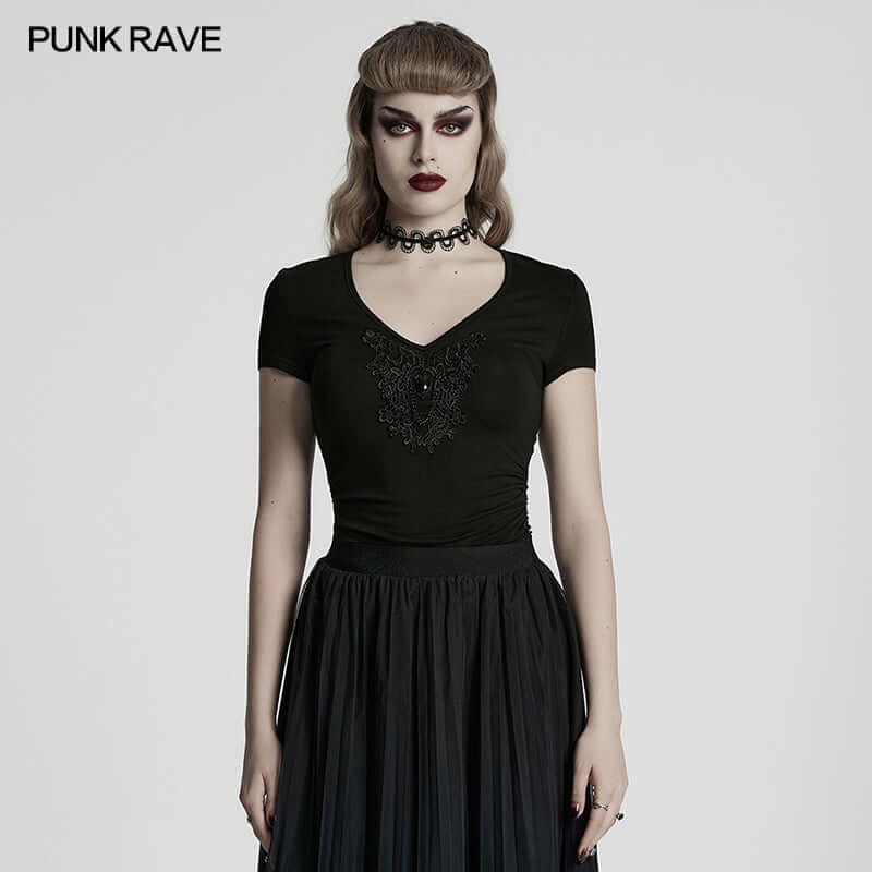 Punk Rave Armida V-Neck T-Shirt – Cotton Waist Pleat Top with Decal
