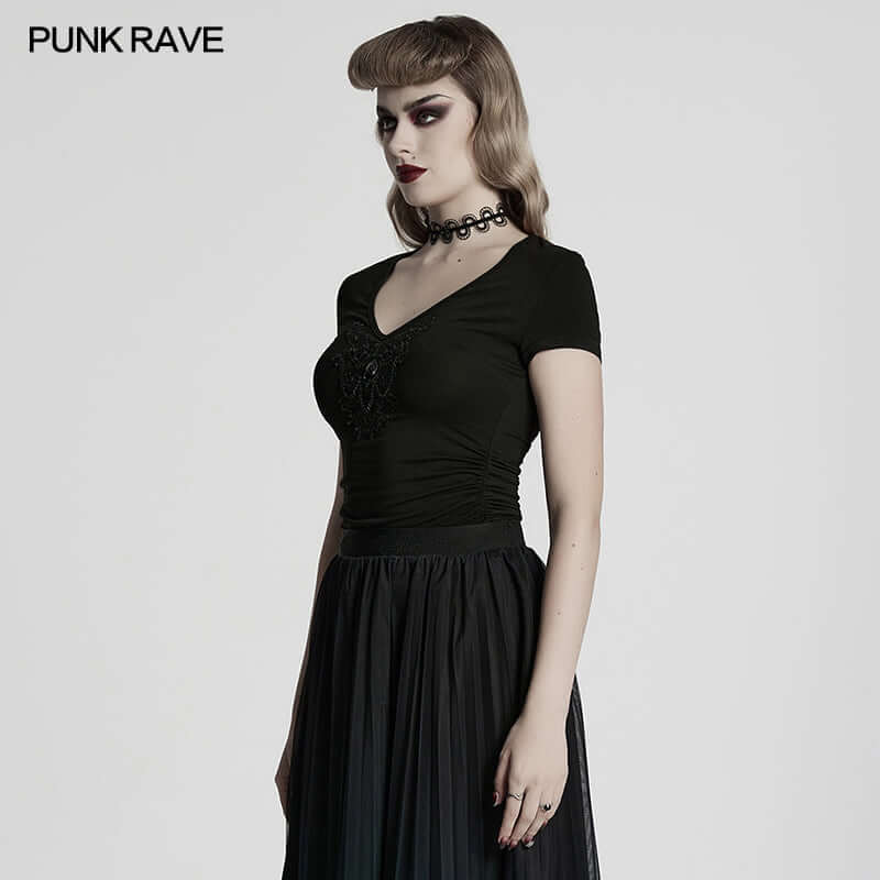 Punk Rave Armida V-Neck T-Shirt – Cotton Waist Pleat Top with Decal