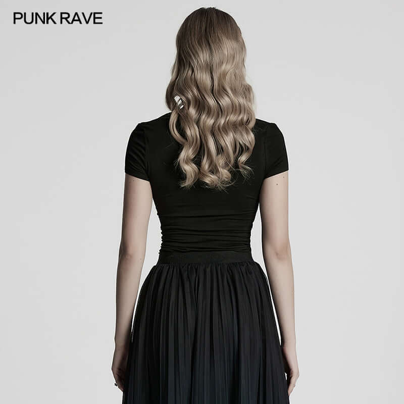Punk Rave Armida V-Neck T-Shirt – Cotton Waist Pleat Top with Decal
