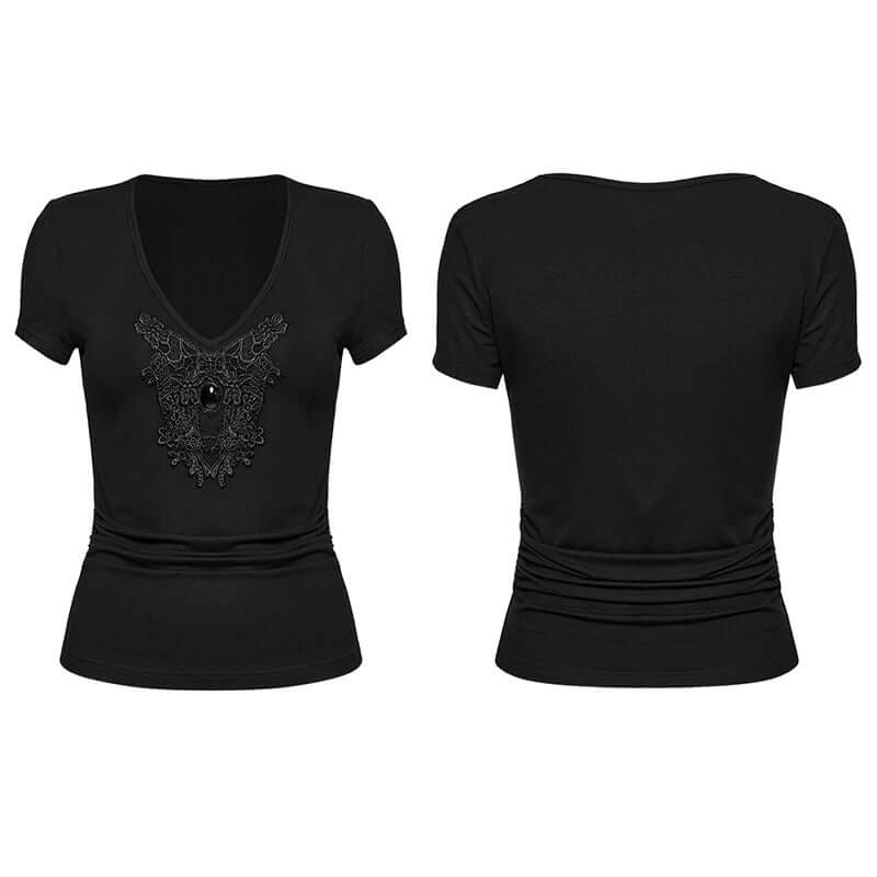 Punk Rave Armida V-Neck T-Shirt – Cotton Waist Pleat Top with Decal