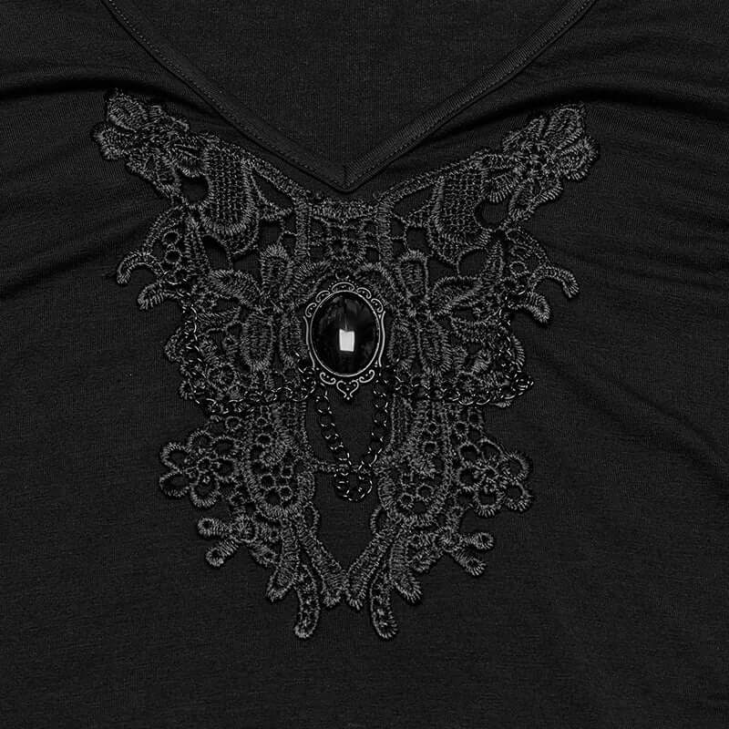 Punk Rave Armida V-Neck T-Shirt – Cotton Waist Pleat Top with Decal