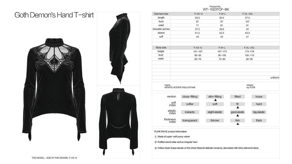 Punk Rave Belladonna Demon’s Hand Velvet T-Shirt | Gothic Slim Fit Top
