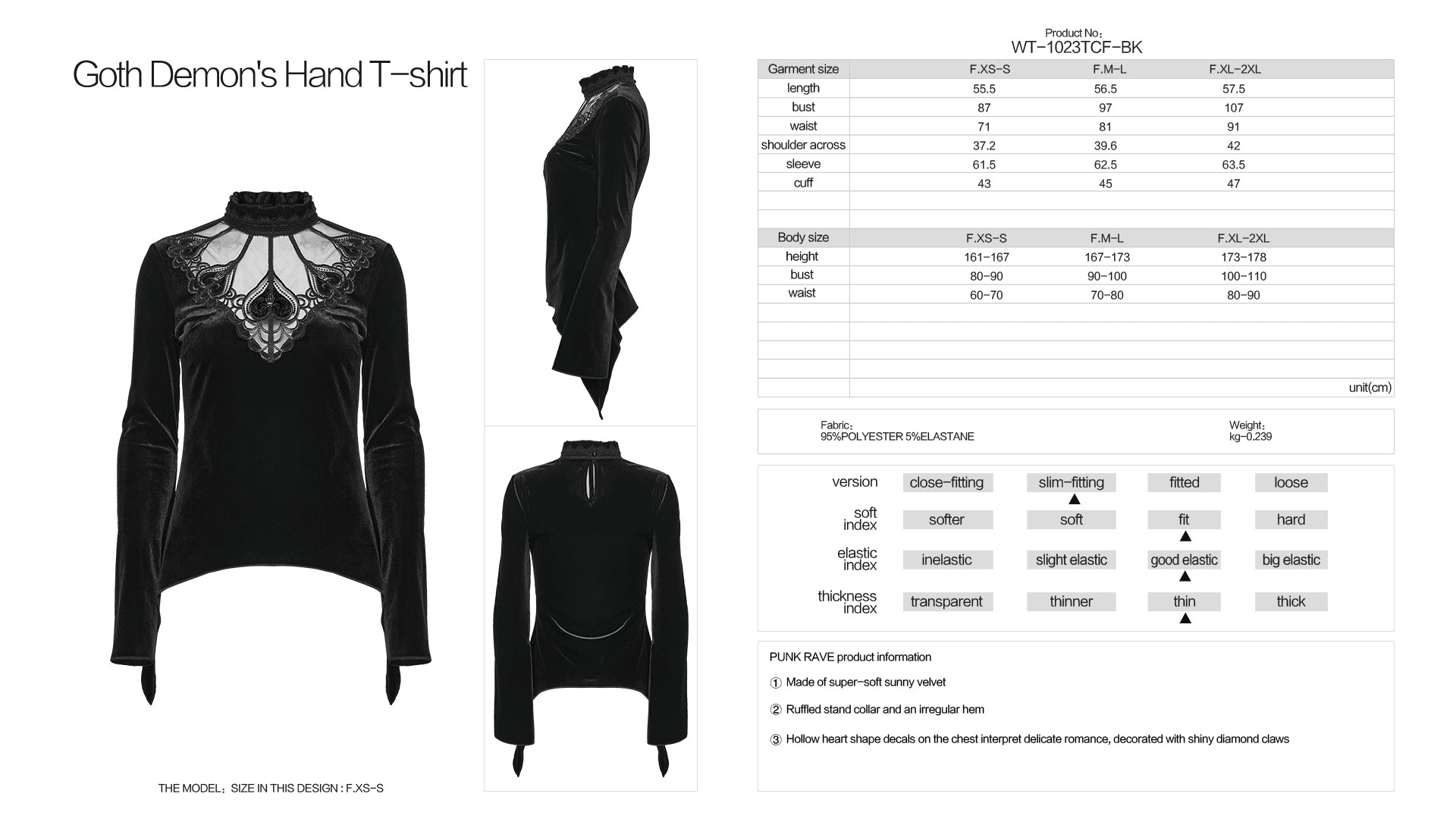 Punk Rave Belladonna Demon’s Hand Velvet T-Shirt | Gothic Slim Fit Top