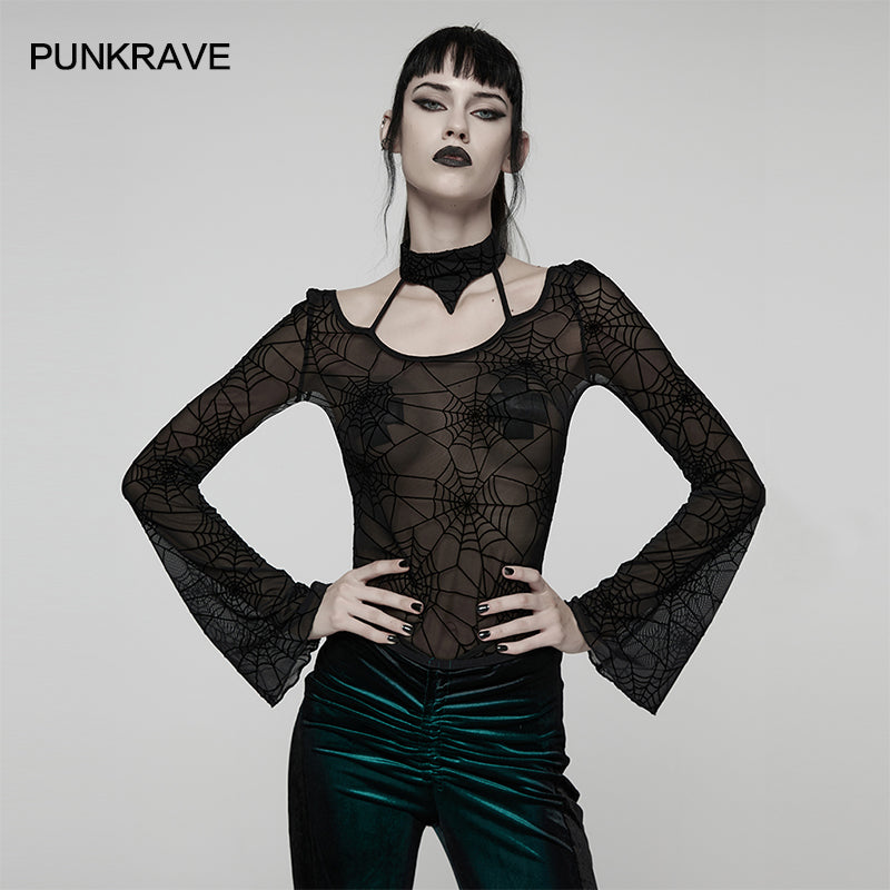 Punk Rave Lilith Gothic Spider Web Mesh T-Shirt – Sheer Halter Top