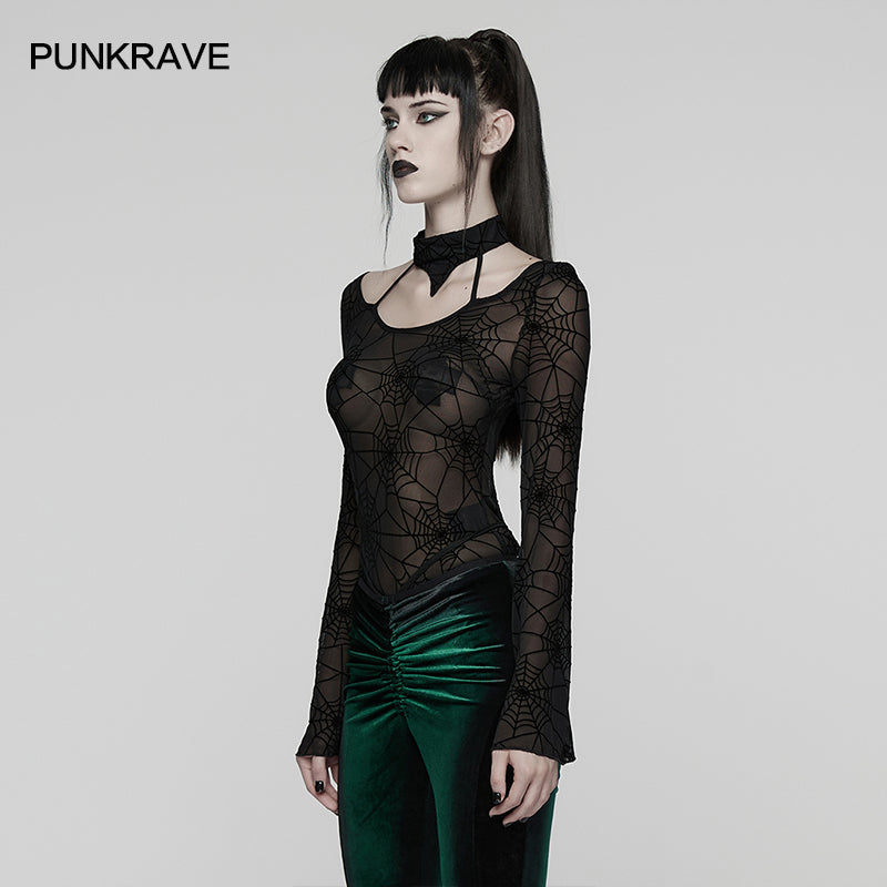 Punk Rave Lilith Gothic Spider Web Mesh T-Shirt – Sheer Halter Top