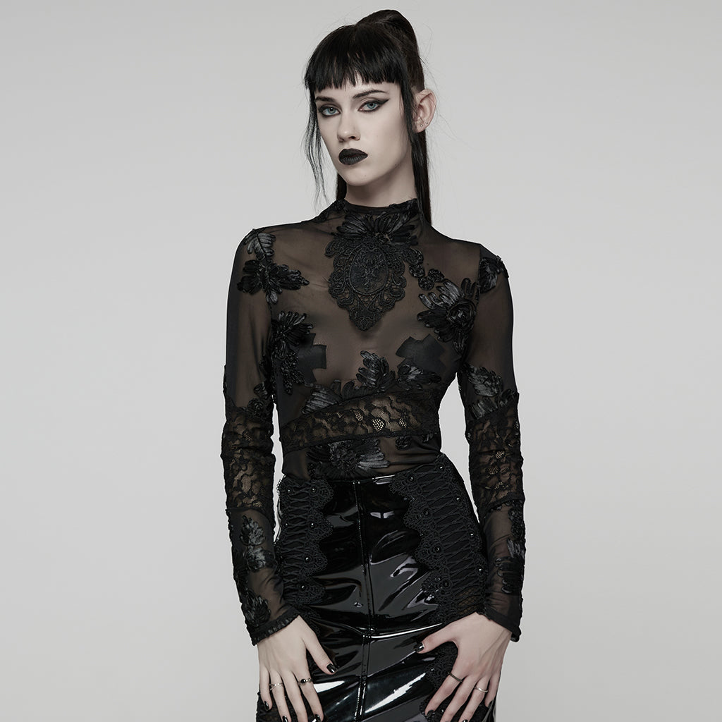 Kate's Clothing Goth Lace Undershirt – Black Sheer Mesh Floral Top