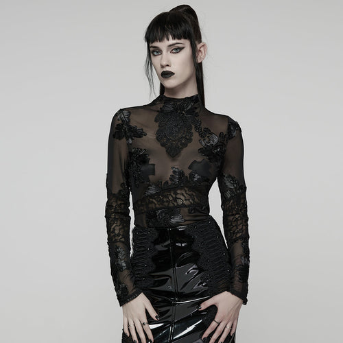 Kate's Clothing Goth Lace Undershirt – Black Sheer Mesh Floral Top