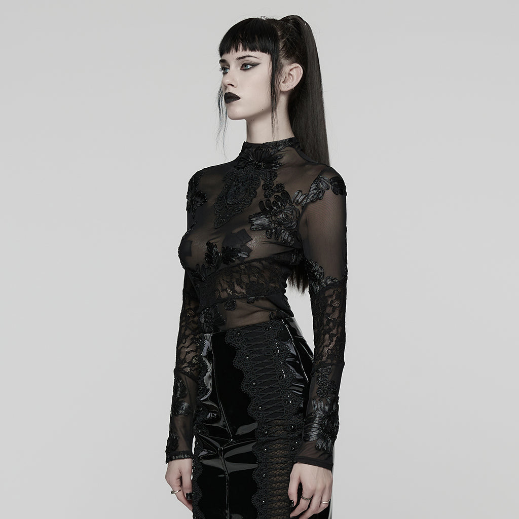 Kate's Clothing Goth Lace Undershirt – Black Sheer Mesh Floral Top