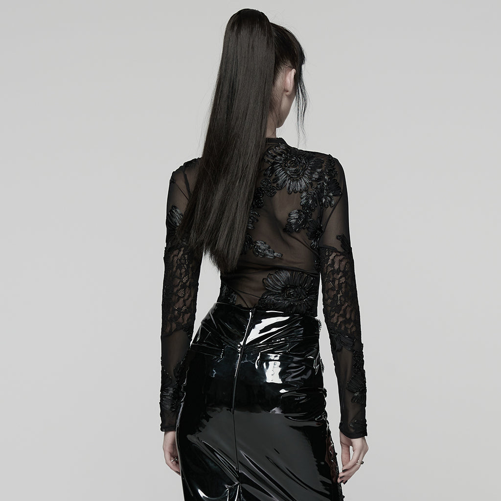 Kate's Clothing Goth Lace Undershirt – Black Sheer Mesh Floral Top