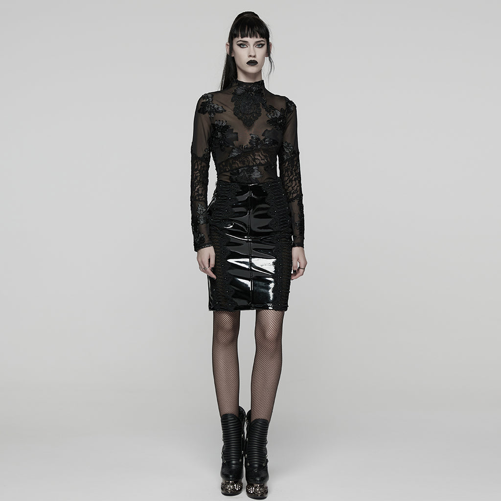 Kate's Clothing Goth Lace Undershirt – Black Sheer Mesh Floral Top