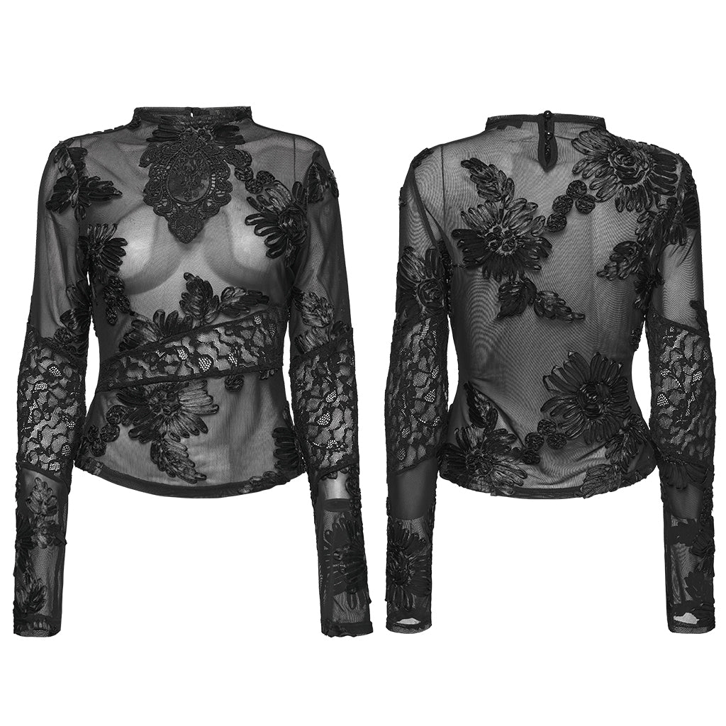 Kate's Clothing Goth Lace Undershirt – Black Sheer Mesh Floral Top