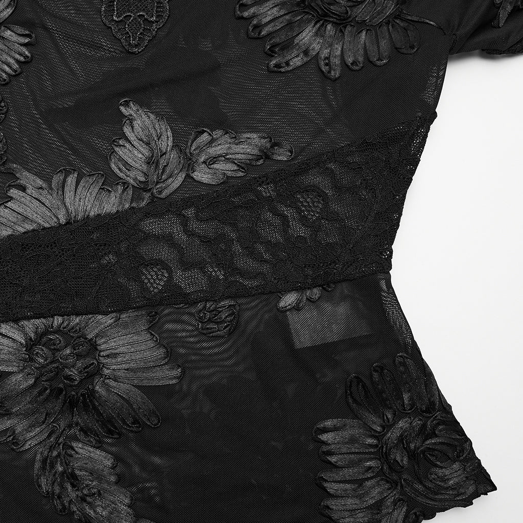 Kate's Clothing Goth Lace Undershirt – Black Sheer Mesh Floral Top