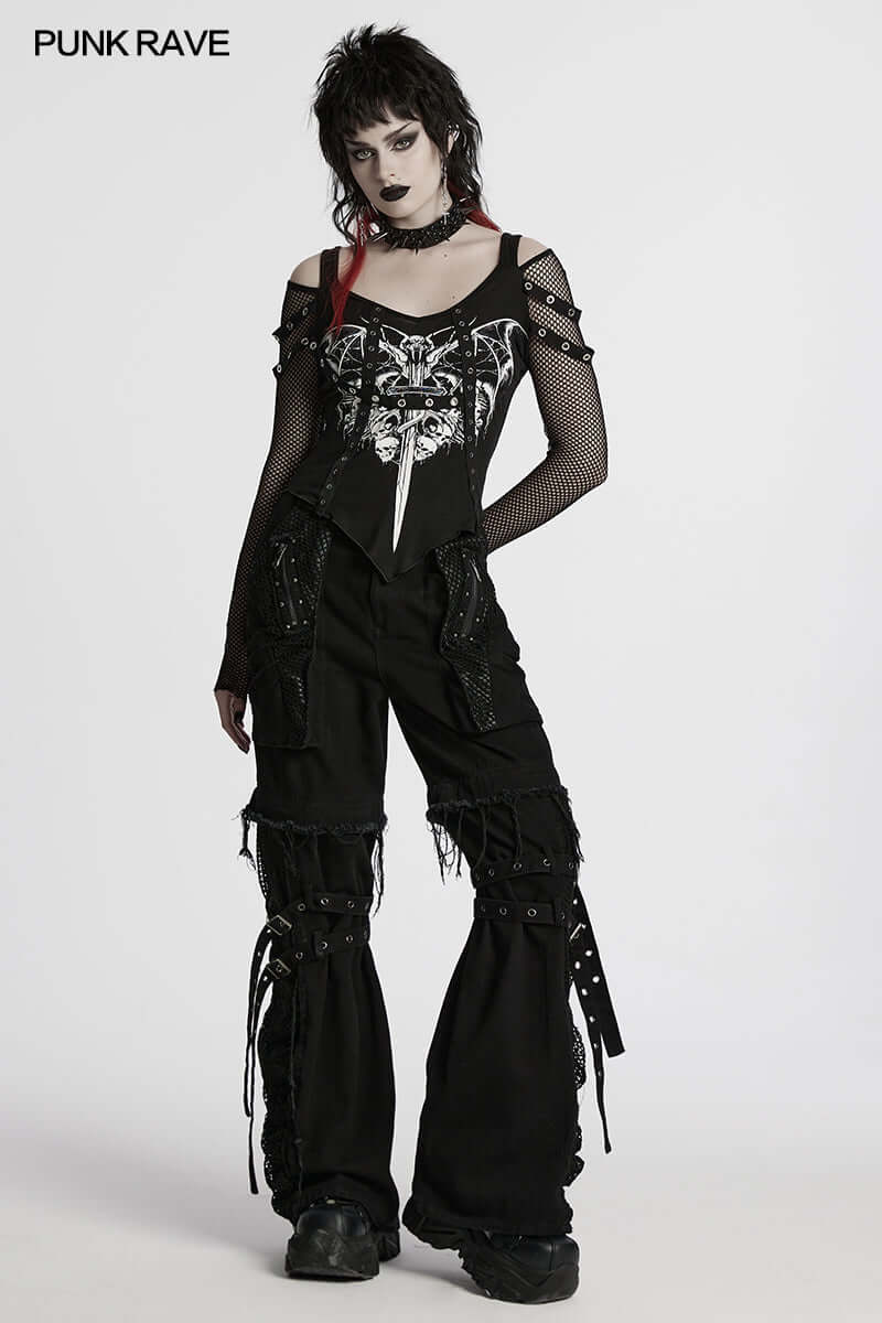 Punk Rave Vonda Bat Skull Printed T-Shirt – Off-Shoulder V-Neck Top