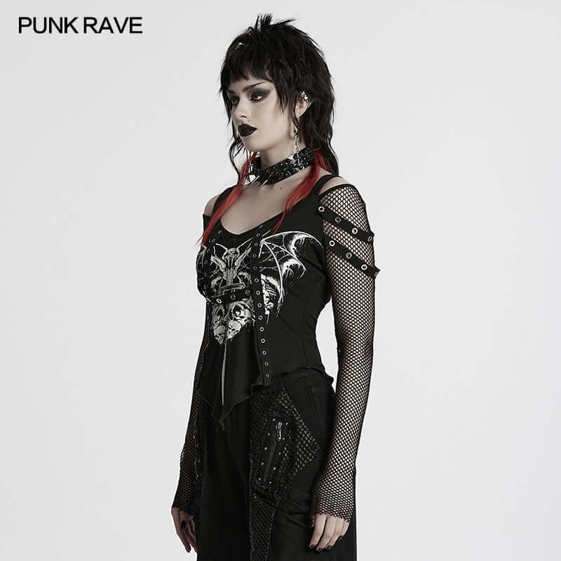 Punk Rave Vonda Bat Skull Printed T-Shirt – Off-Shoulder V-Neck Top