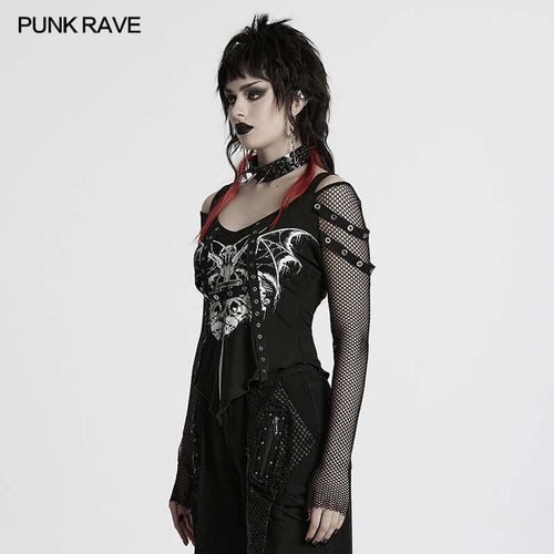 Punk Rave Vonda Bat Skull Printed T-Shirt – Off-Shoulder V-Neck Top