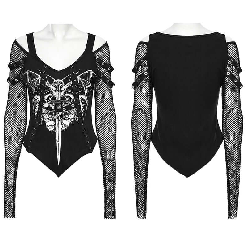 Punk Rave Vonda Bat Skull Printed T-Shirt – Off-Shoulder V-Neck Top
