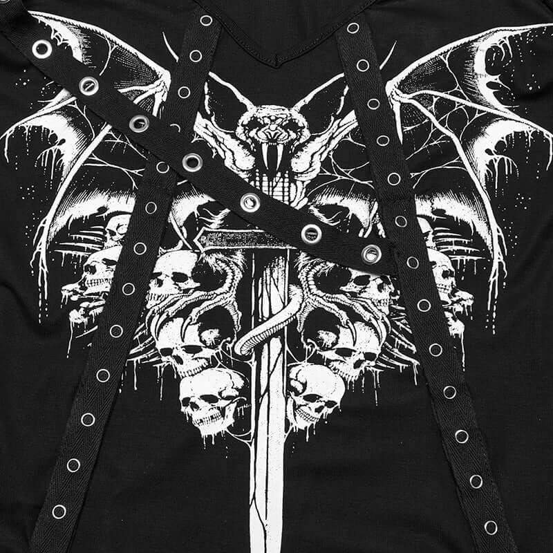 Punk Rave Vonda Bat Skull Printed T-Shirt – Off-Shoulder V-Neck Top