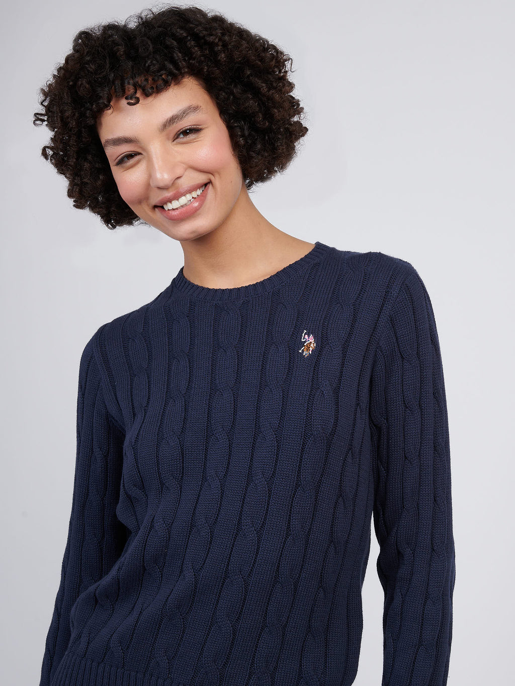 Womens Crew Neck Cable Jumper Navy Iris