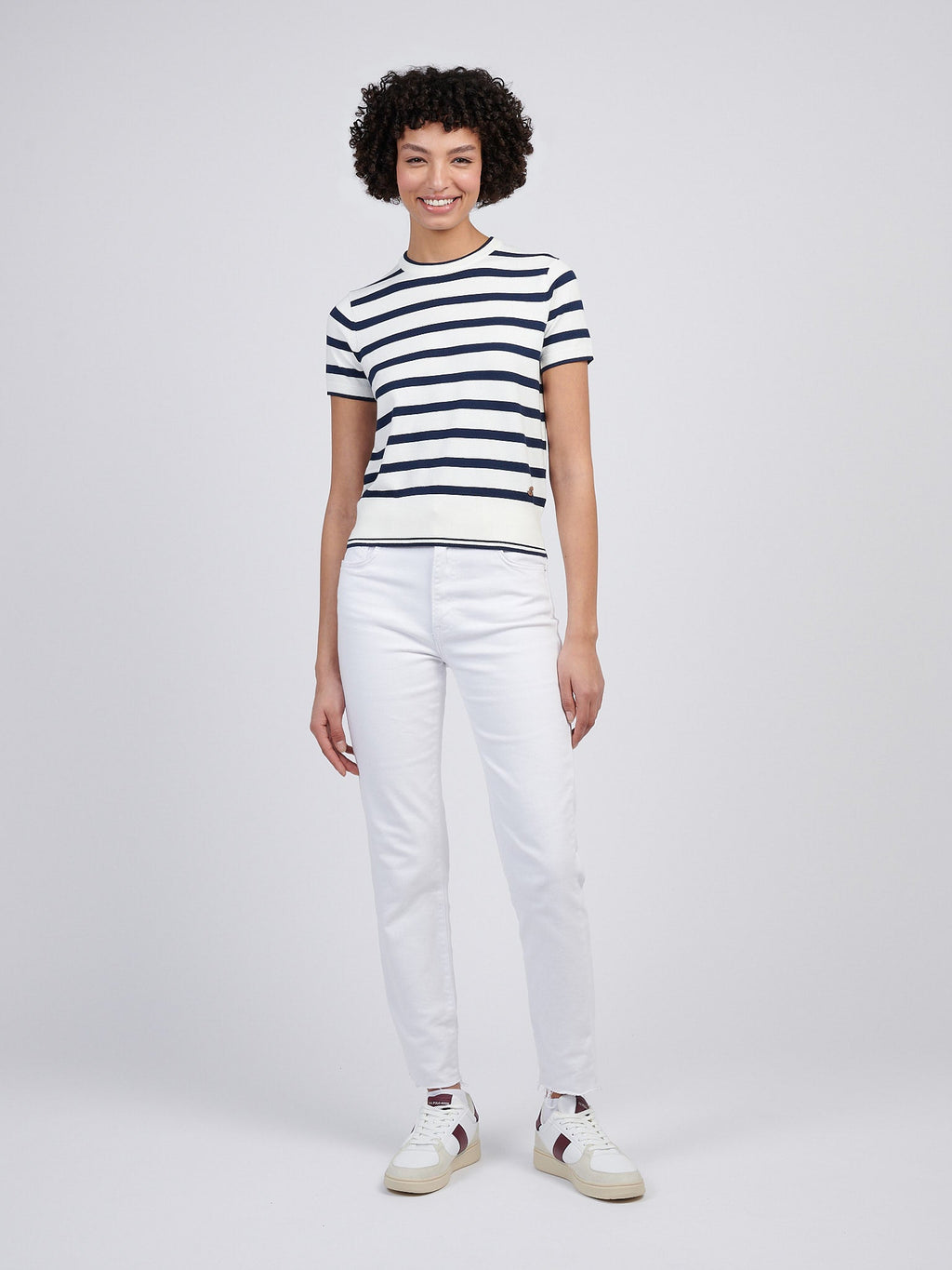 Womens Stripe Crew Neck Short Sleeve Jumper in Marshmallow