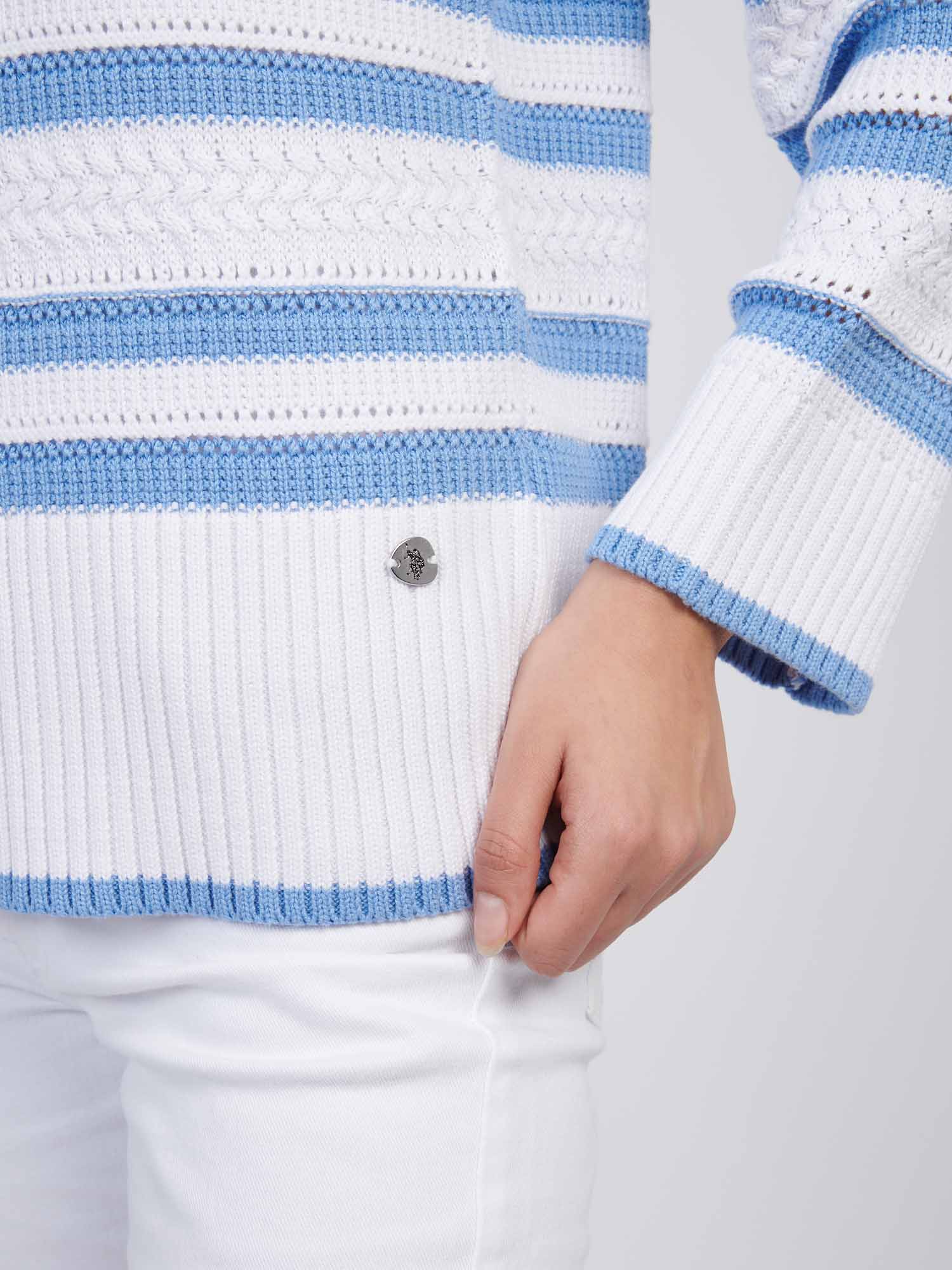Womens Pointelle Stripe 1/4 Zip Jumper in Vista Blue