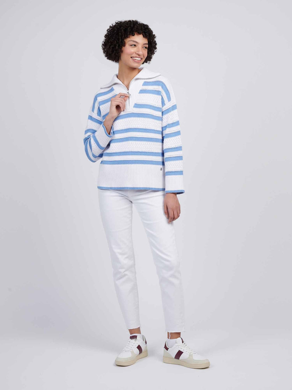 Womens Pointelle Stripe 1/4 Zip Jumper in Vista Blue