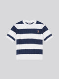Womens Stripe Loose Cable Knit Short Sleeve Jumper in Navy Iris