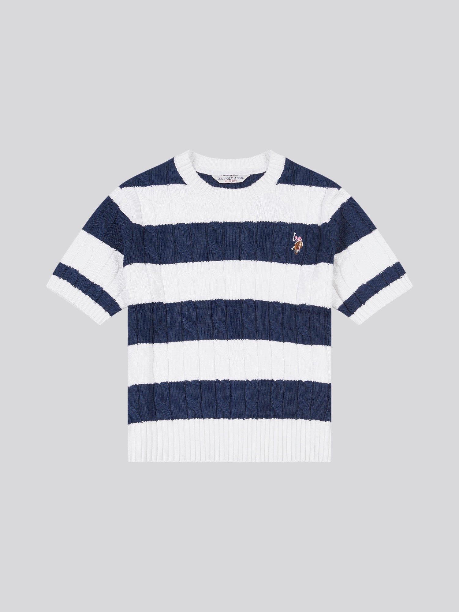 Womens Stripe Loose Cable Knit Short Sleeve Jumper in Navy Iris