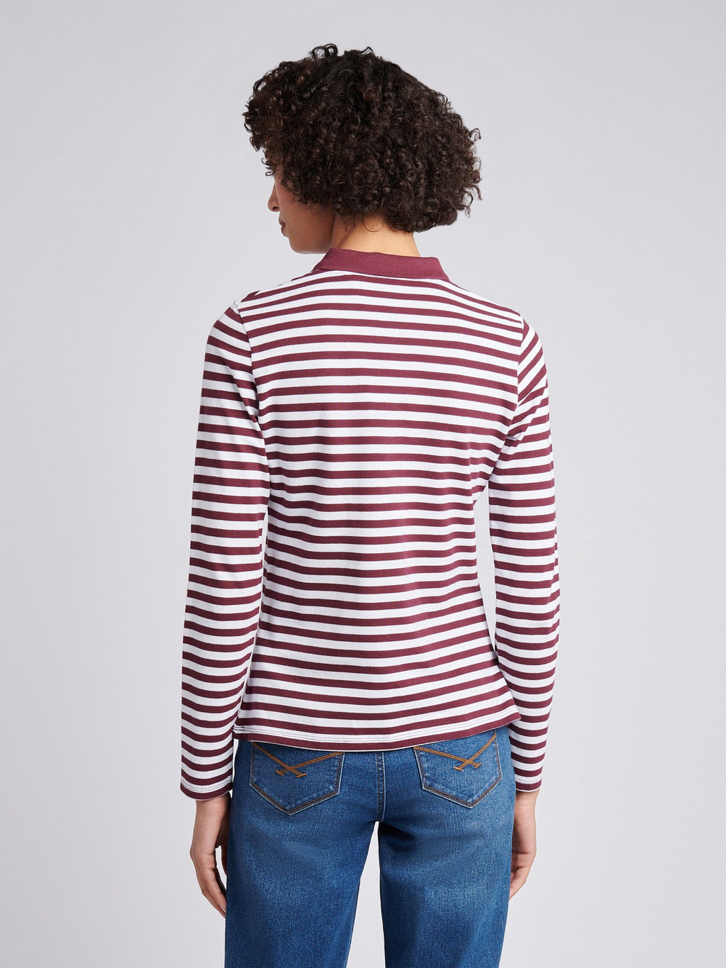 Womens Long Sleeve Stripe Contrast Collar Polo Shirt in Fig