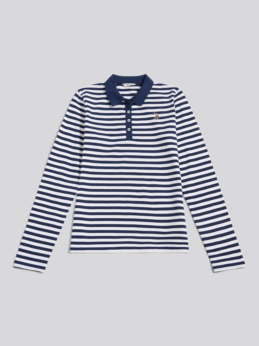 Womens Long Sleeve Stripe Contrast Collar Polo Shirt in Navy Iris