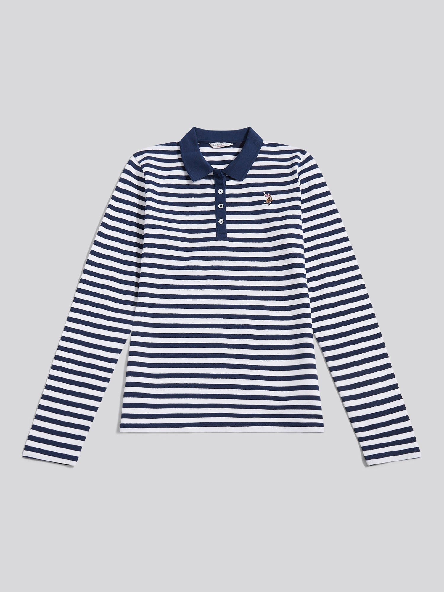 Womens Long Sleeve Stripe Contrast Collar Polo Shirt in Navy Iris