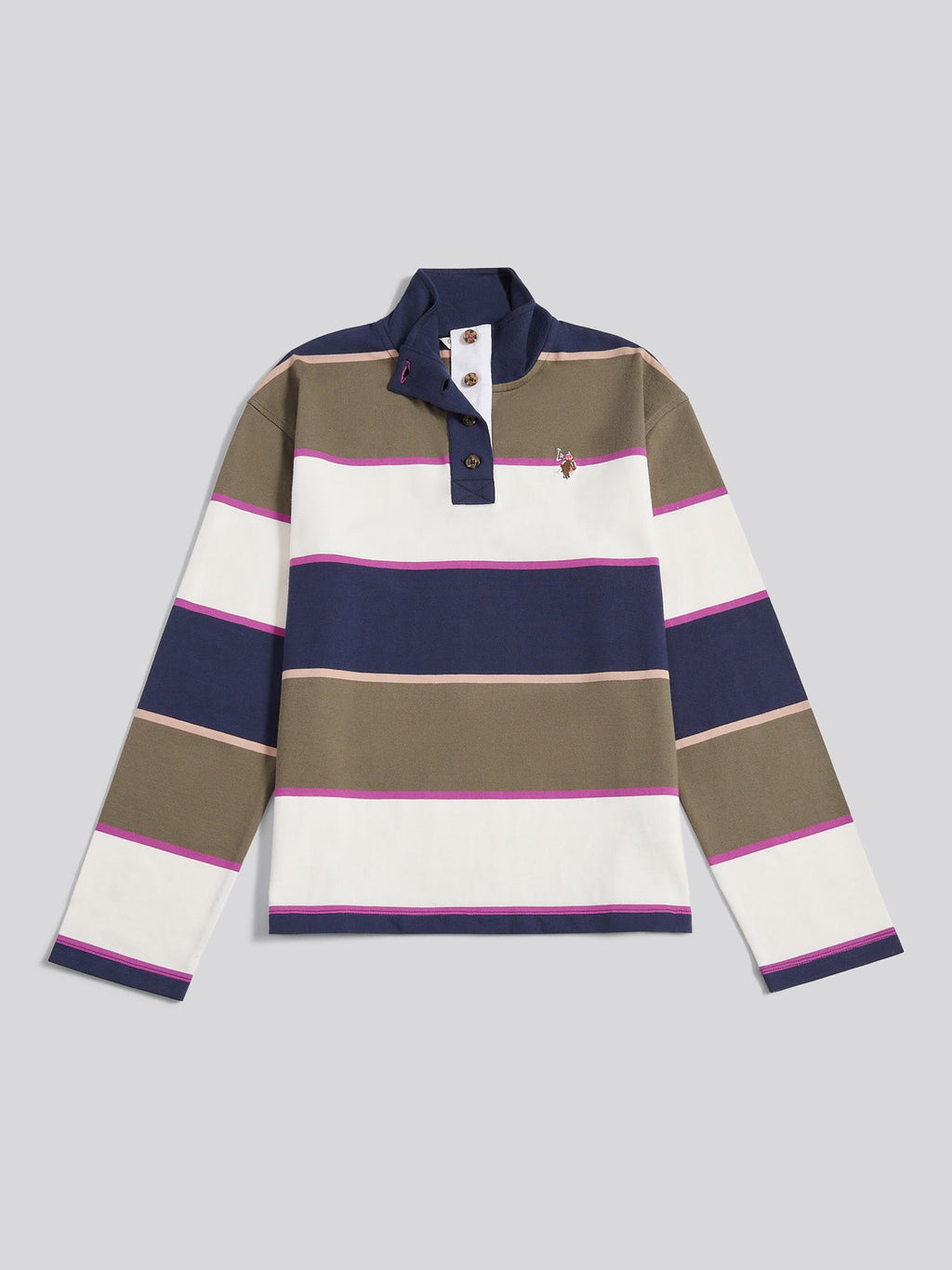 Womens Large Stripe Funnel Neck Rugby Shirt in Kalamata Green