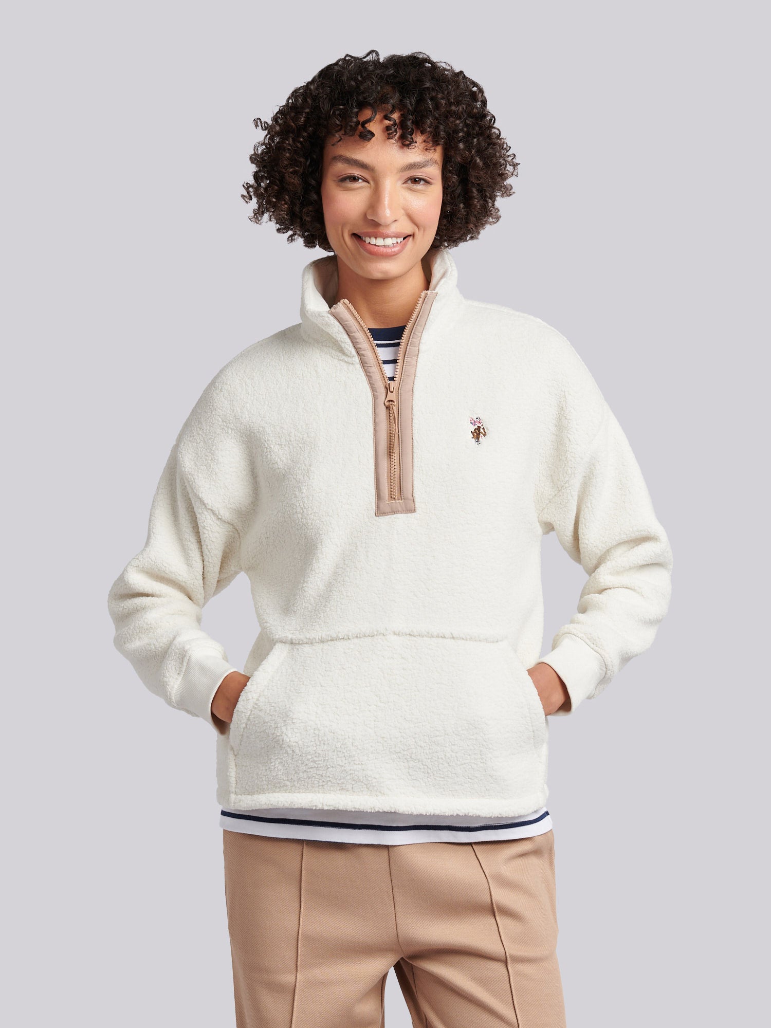 Womens Double Horsemen Borg 1/4 Zip in Marshmallow