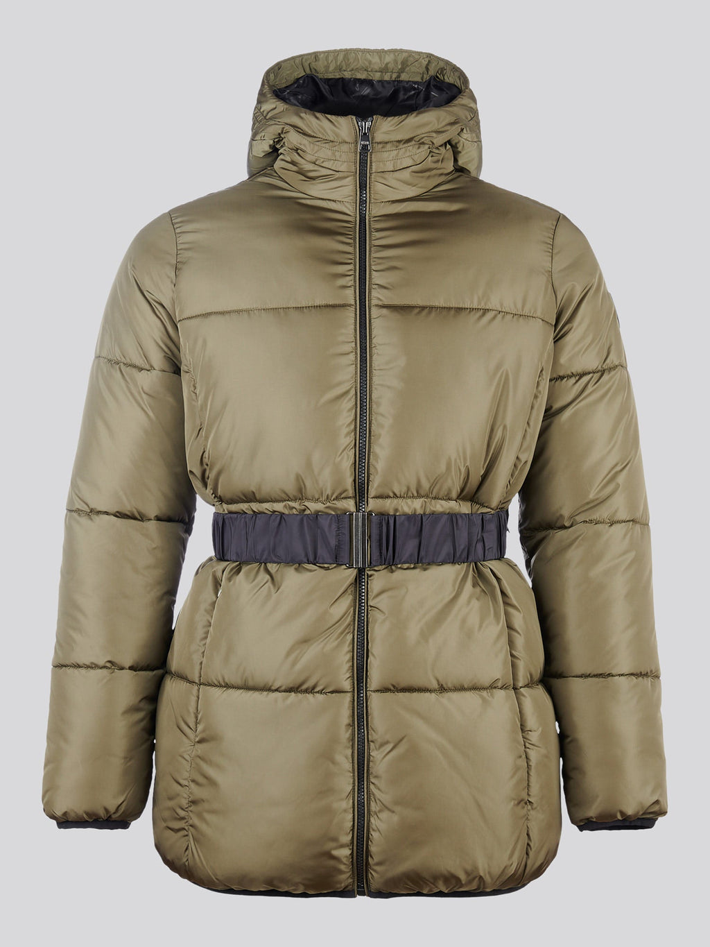 Womens Belted Puffer Jacket in Kalamata Green