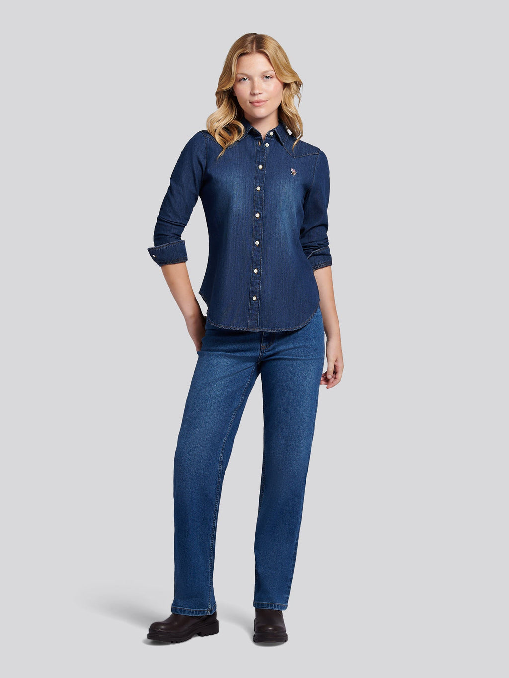 Womens Denim Shirt in Dark Blue Wash
